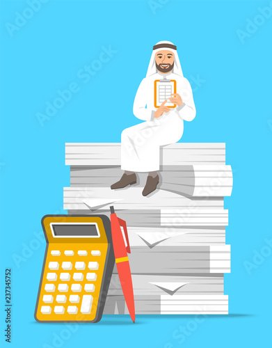 Accountant arab man in traditional clothes sits on stack of papers. Tax payment calculation concept. Accounting documents with calculator and pen. Vector flat illustration. Financial statements