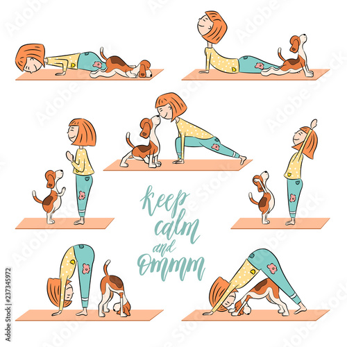 Cartoon dog beagle with girl doing yoga