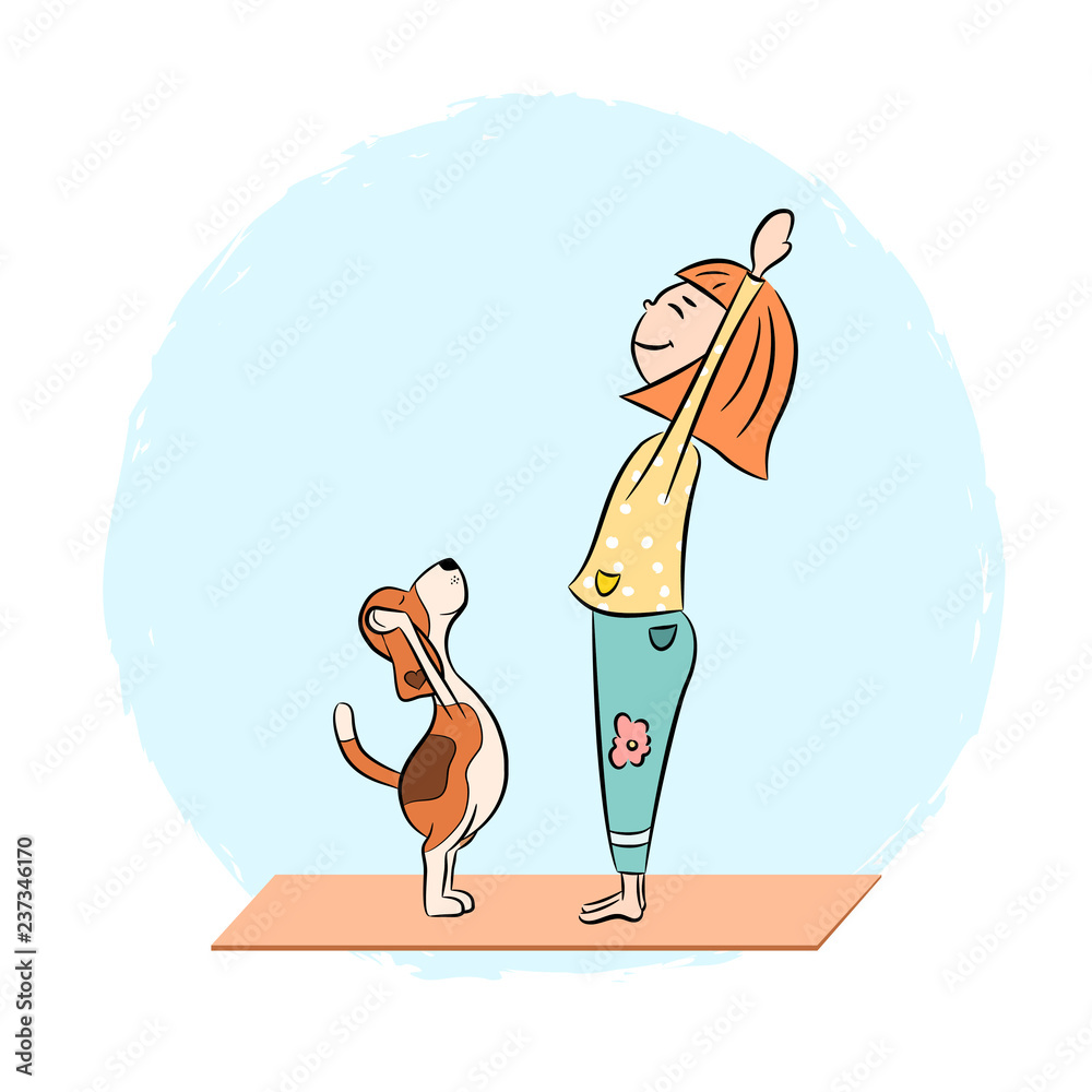 Cartoon funny dog beagle with girl doing yoga pose. Surya Namaskara. San  Salutation Stock Vector | Adobe Stock