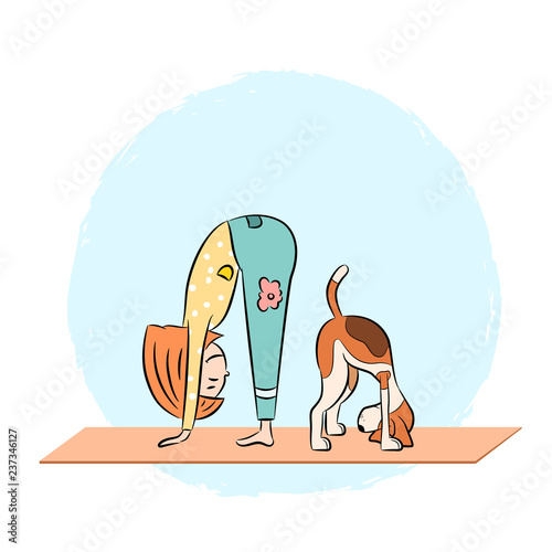 Cartoon funny dog beagle with girl doing yoga pose. Surya Namaskara. San Salutation