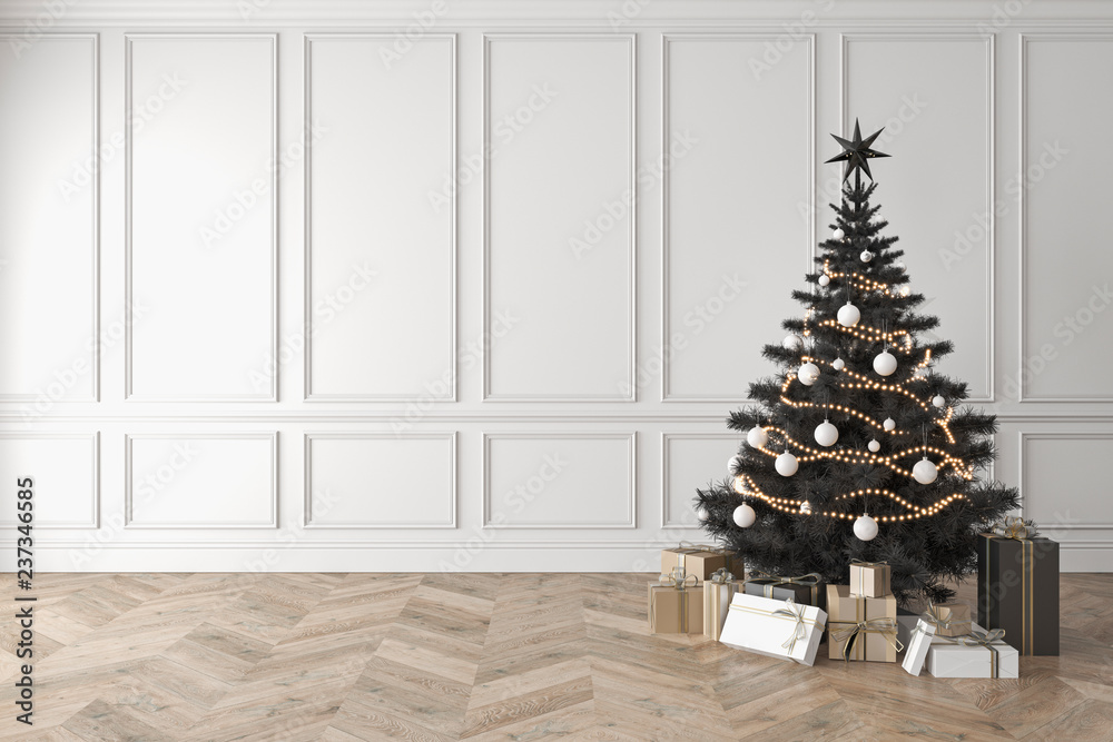 Fototapeta premium Black christmas tree in classic room, blank white wall, gifts. 3d render illustration mockup.