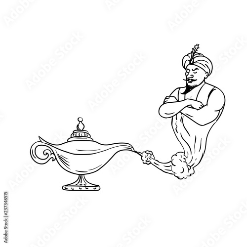 Genie Coming Out of Oil Lamp Black and White Drawing