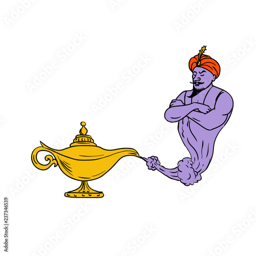 Genie Coming Out of Golden Oil Lamp Drawing Color