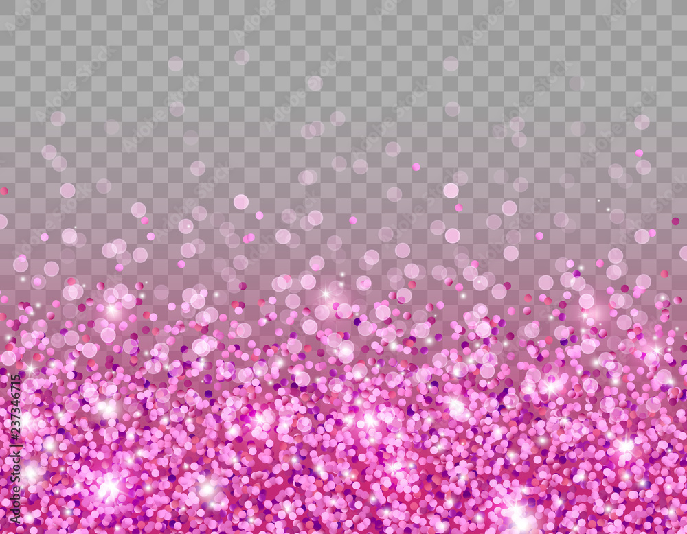 Pink glitter texture and white glowing lights effect with confetti. Vector star sparks isolated on purple magic transparent background for sparkles greeting card design. Pink glitter texture and white glowing lights effect with confetti. Vector star sparks isolated on purple magic transparent background for sparkles greeting card design.