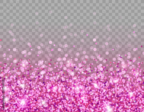 Pink glitter texture and white glowing lights effect with confetti. Vector star sparks isolated on purple magic transparent background for sparkles greeting card design.