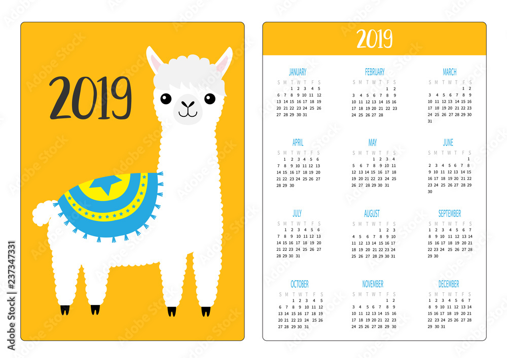 Fototapeta premium Alpaca llama standing. Simple pocket calendar layout 2019 new year. Week starts Sunday. Vertical orientation. Cute cartoon kawaii funny baby character. Flat design. Yellow background.