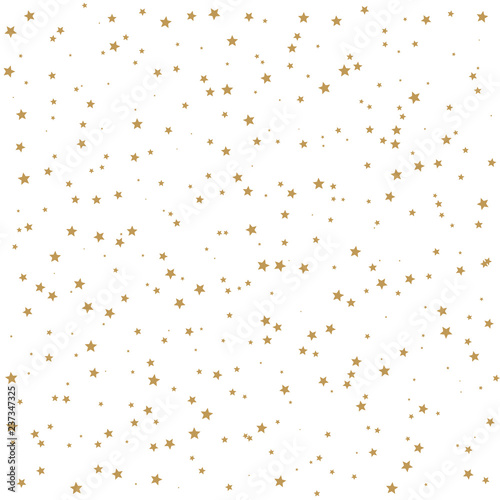 Scattered gold star shapes in random size isolated on white background. Golden falling confetti vector.