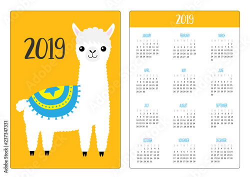 Alpaca llama standing. Simple pocket calendar layout 2019 new year. Week starts Sunday. Vertical orientation. Cute cartoon kawaii funny baby character. Flat design. Yellow background.