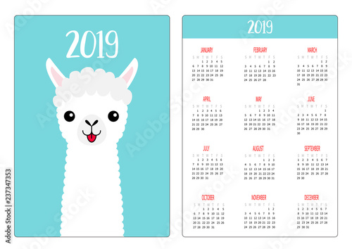 Llama alpaca face neck, tongue. Simple pocket calendar layout 2019 new year. Week starts Sunday. Cute cartoon character. Vertical orientation. Flat design. Blue background.
