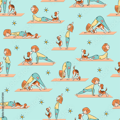 Yoga seamless pattern with cartoon girl and dog doing yoga posit