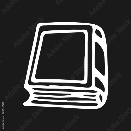 Handdrawn book doodle icon. Hand drawn white sketch. Sign symbol. Decoration element. black background. Isolated. Flat design. Vector illustration