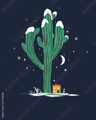 Cute cartoon illustration with high saguaro cactus and liitle house. Mexican fairy winter landscape, Christmas card