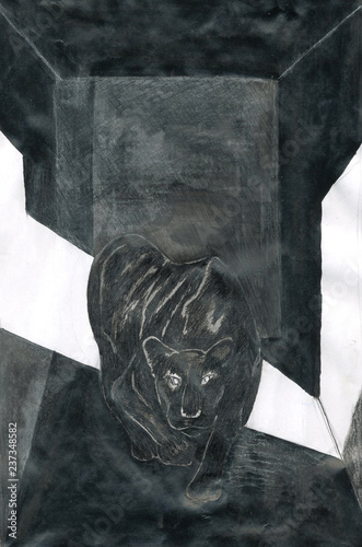 black Panther in a dark room, illustration