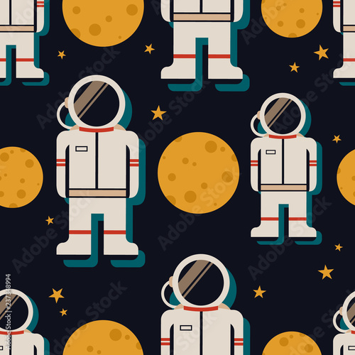Astronauts, moon and stars, hand drawn seamless pattern. Colorful background vector, outer space. Decorative colored wallpaper, good for printing. Overlapping backdrop design, flat style