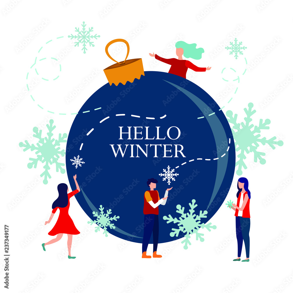 Hello winter banner. Vector illustration small people are preparing for the new year, are engaged in decoration, corporate in the office at work.
