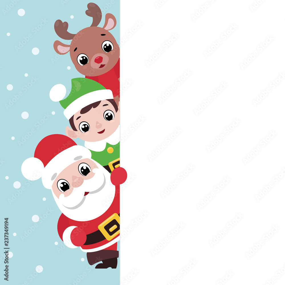 Santa, elf and deer with blank signboard