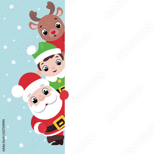 Santa, elf and deer with blank signboard © denis0909