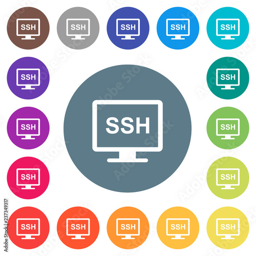 SSH terminal flat white icons on round color backgrounds