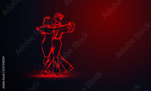 Couple dancing foxtrot. Vector red neon banner with copy space.
