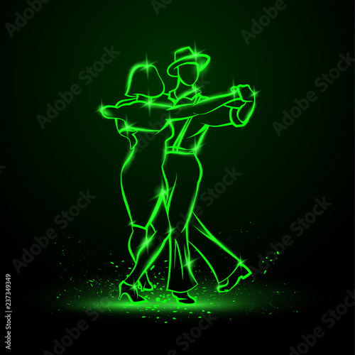Couple dancing foxtrot. Vector green neon illustration.