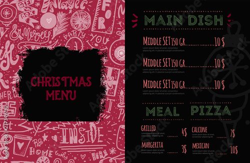 Christmas menu design template with lettering. Restaurant background. Vector hand drawn illustration Food and Drink concept