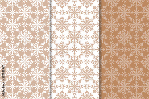 Brown floral ornaments. Set of seamless backgrounds