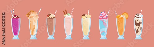 Collection of delicious milkshakes in glasses with straws. Bundle of sweet cold tasty beverages decorated with fruits, berries, whipped cream. Set of dessert drinks. Vector illustration in flat style.