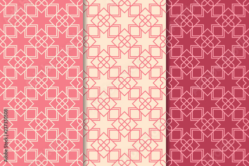 Set of geometric ornaments. Cherry red seamless patterns