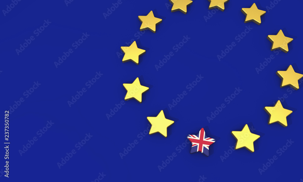 Brexit concept. European union yellow stars with great britain union jack flag. 3D Rendering