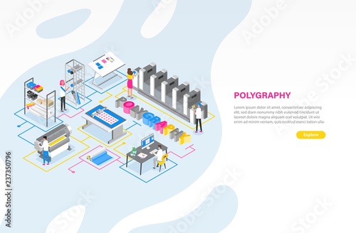Web banner template with printshop or printing service center with people working with plotters, offset printers and other equipment. Modern colorful isometric vector illustration for advertisement. photo