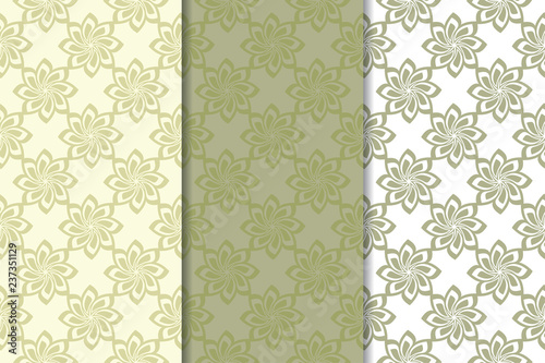 Set of  olive green floral backgrounds. Seamless patterns