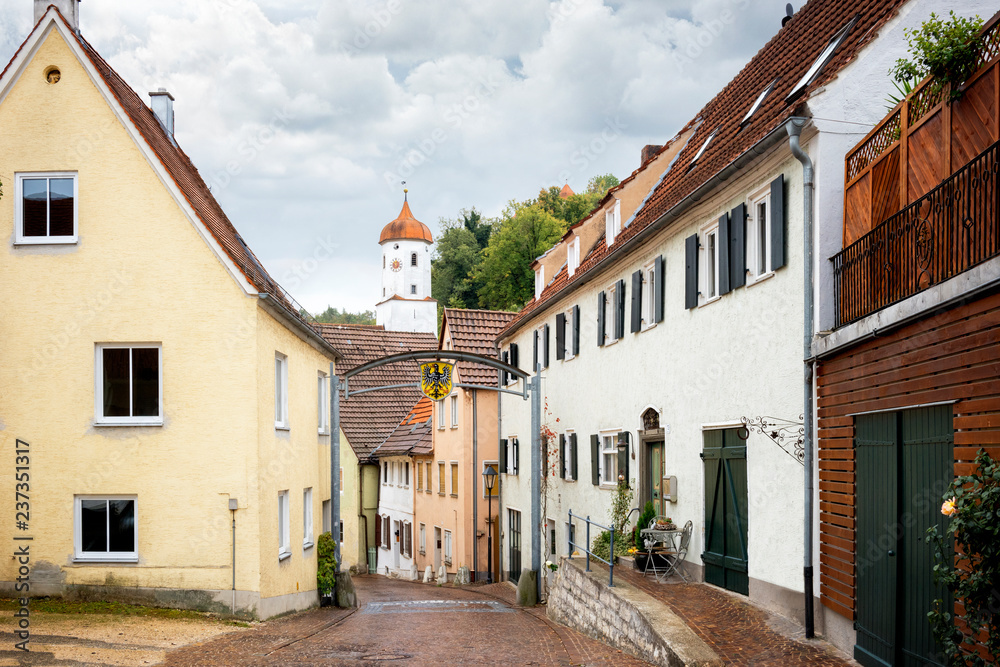 Harburg, a charming village on the Romantic Road along the Wornitz river, is characterized by a dense network of medieval trellis houses and baroque gable buildings. Bavaria, Germany.