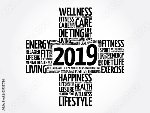 2019 Goals Health word cloud, health cross concept