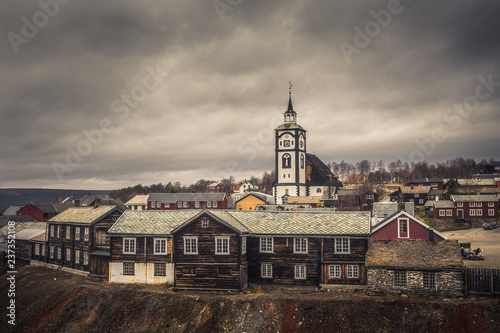 View on Roros church. Norwegian original architecture. Mining town.