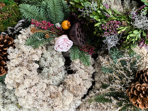 Green pine. Multicolored flowers.