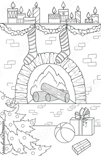 New year and Christmas theme. Black and white graphic doodle hand drawn sketch for adult or kids coloring book. Fire-place, Christmas socks and tree, gifts, ball and candles.