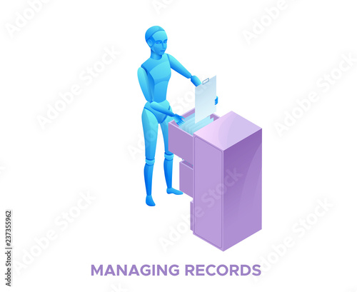 Robot administrator with filing-cabinet, isometric 3d vector illustration with ai technology in data analysis and storage, artificial intelligence manages documents