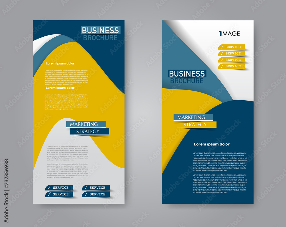 Narrow flyer and leaflet design. Set of two side brochure templates. Vertical banners. Blue and orange color. Vector illustration mockup.