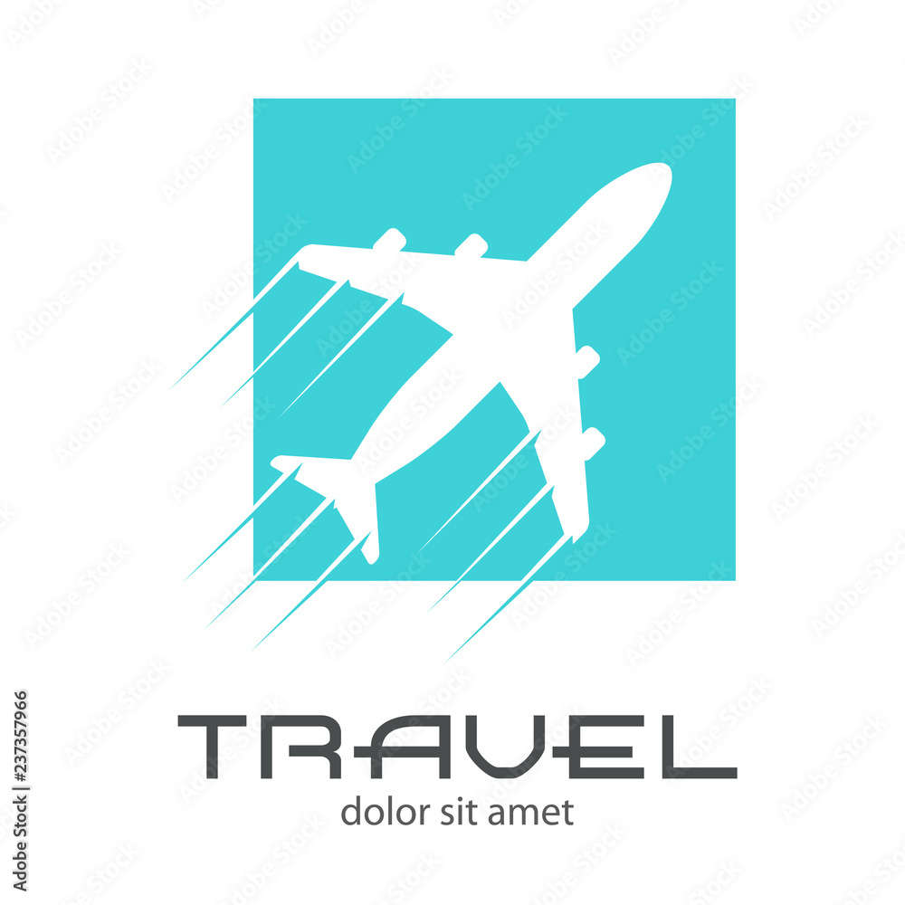 Logotipo con texto TRAVEL en avión con estela en espacio negativo en cuadrado color azul Logotipo con texto TRAVEL en avión con estela en espacio negativo en cuadrado color azul