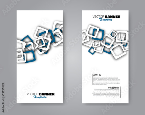 Narrow flyer and leaflet design. Set of two side brochure templates. Vertical banners. Blue colors. Vector illustration mockup.