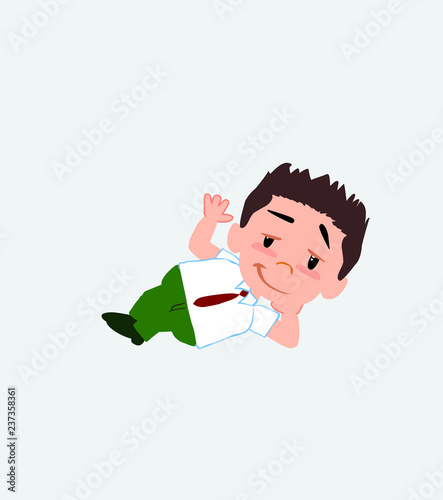 Businessman in casual style lying, greets with a dreamy expression.