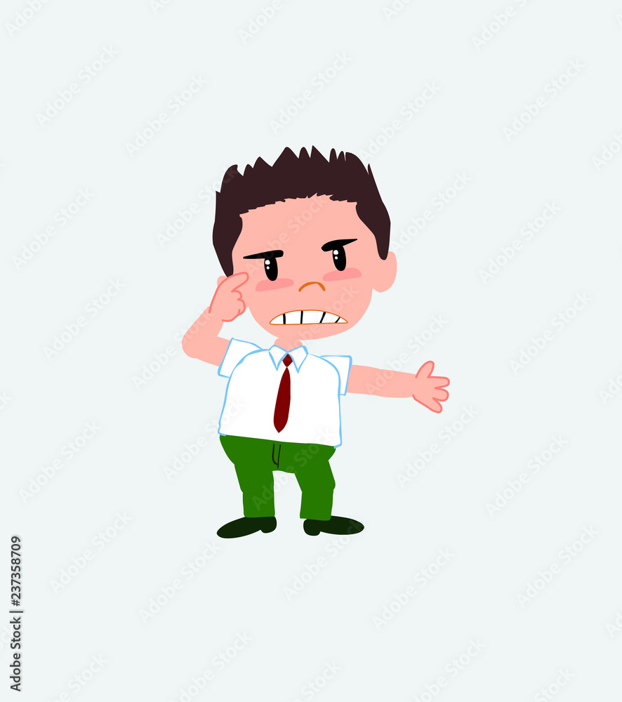 Businessman in casual style, is angry and points his head with his index finger.