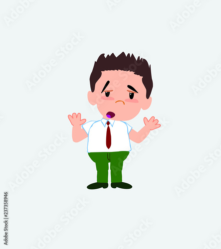 Businessman in casual style makes a gesture of tired resignation.