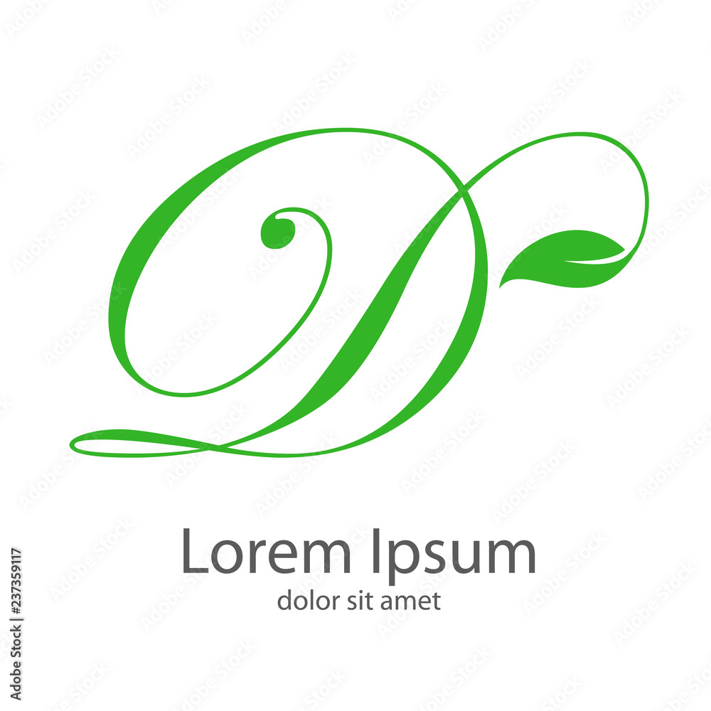 Logotipo letra D mayúscula con hojas en color verde