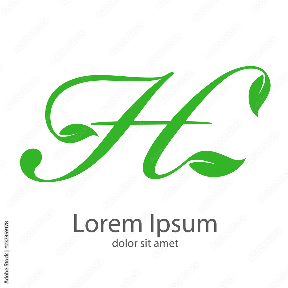 Logotipo letra H mayúscula con hojas en color verde Stock Vector