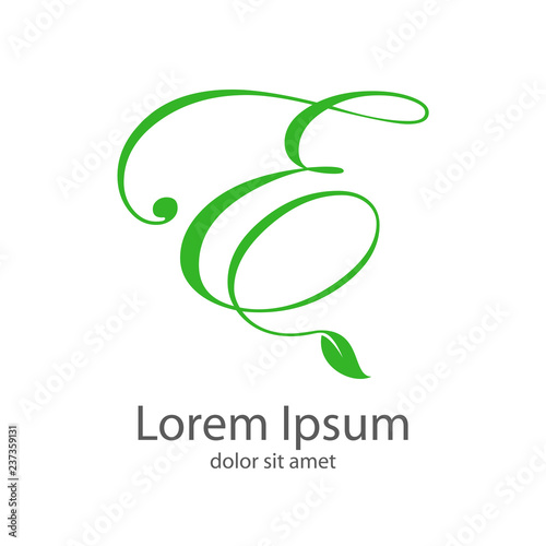 Logotipo letra E mayúscula con hojas en color verde