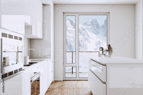 White Modern Kitchen Furniture in new Minimalistic Interior with Mountain view 3d render