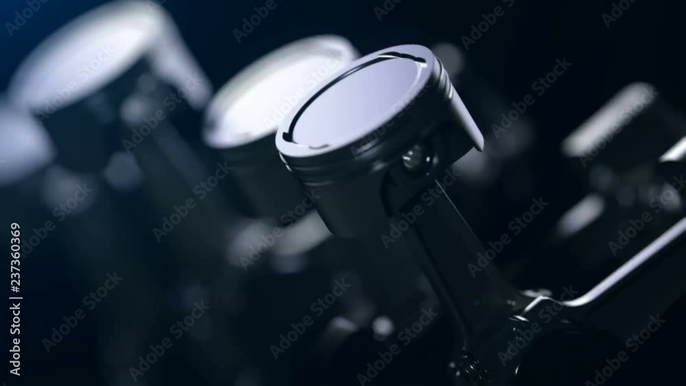 V8 motor with working pistons and crankshafts inside camera fly through. Concept of automobile engine