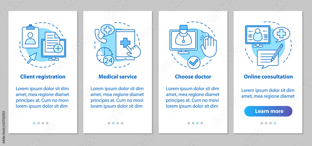 Medical service onboarding mobile app page screen with linear co