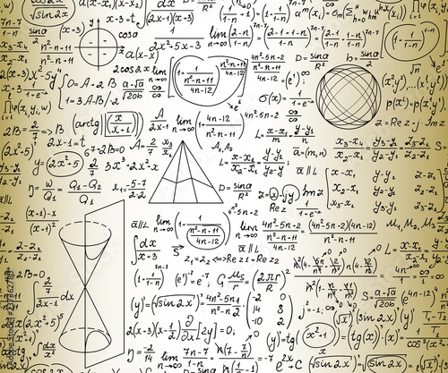 Scientific mathematical vector seamless pattern with handwritten formulas, geometrical figures and equations, shuffled together. Old paper effect